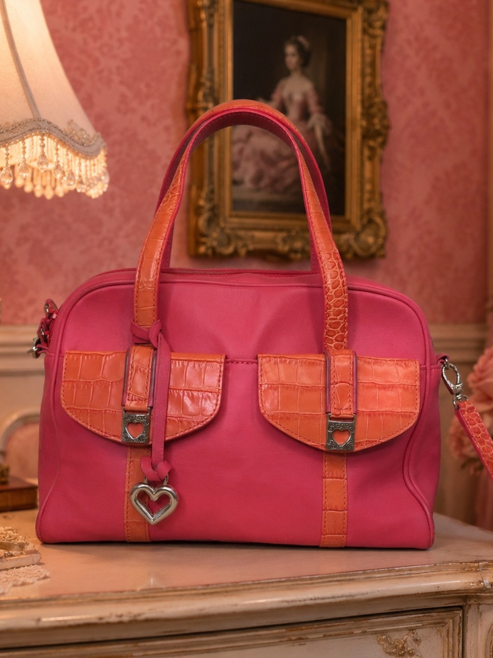 Brighton Purse | Pink & Orange Crocodile Skin Heart | Medium | Y2K
